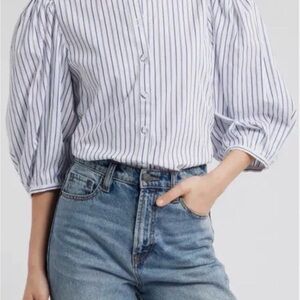 Madewell Blue and White Striped Puff Sleeve Button-Front Blouse